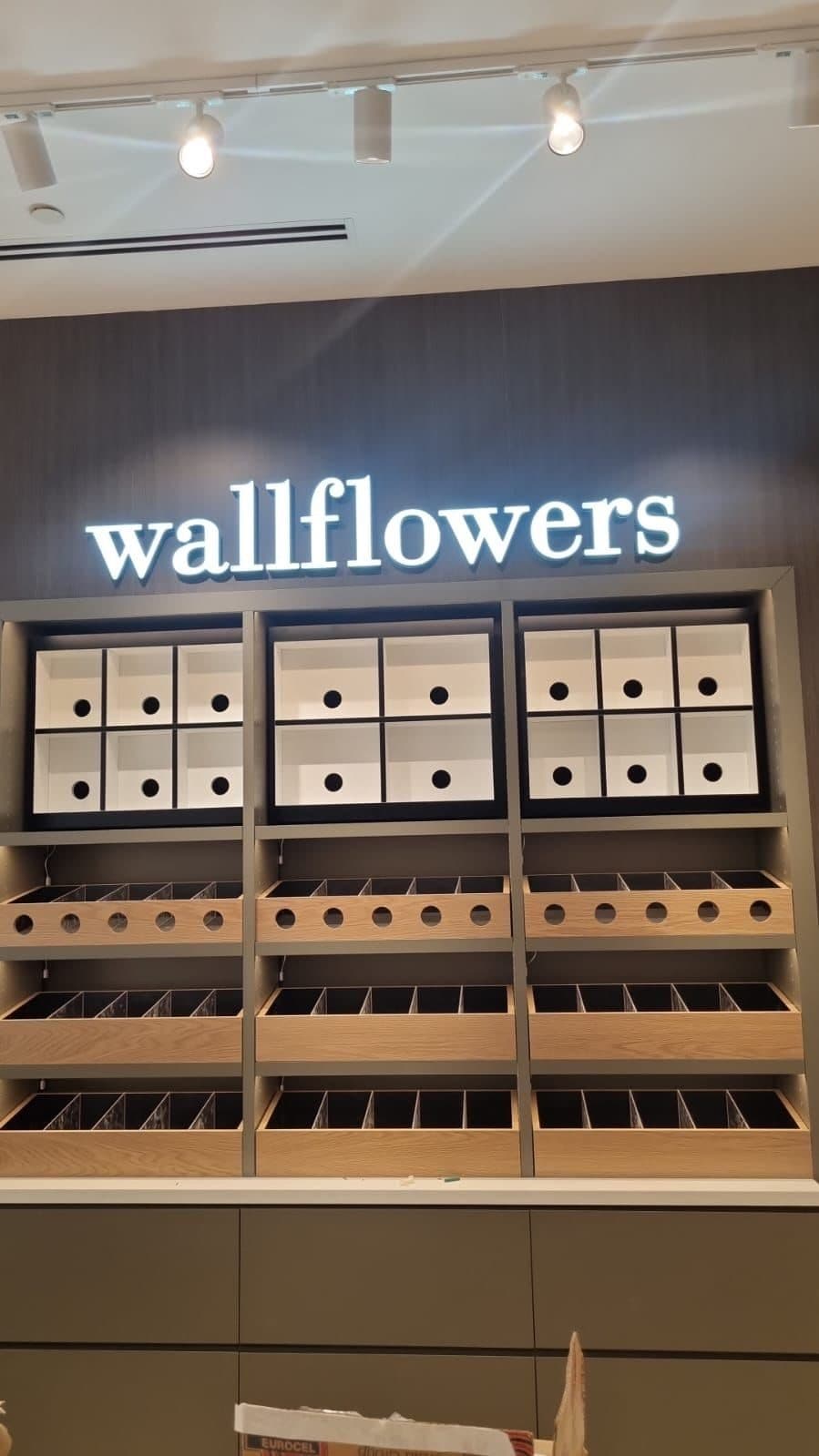 אותיות wallflowers מוארות מעל מדפי התצוגה